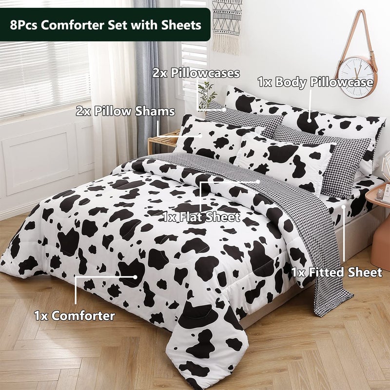 SUCSES Cow Print Queen Comforter Set with Sheets 8Pcs Bed in A Bag Queen Size Bedding Set Geometric Black and White Duvets for All Season - Image 2